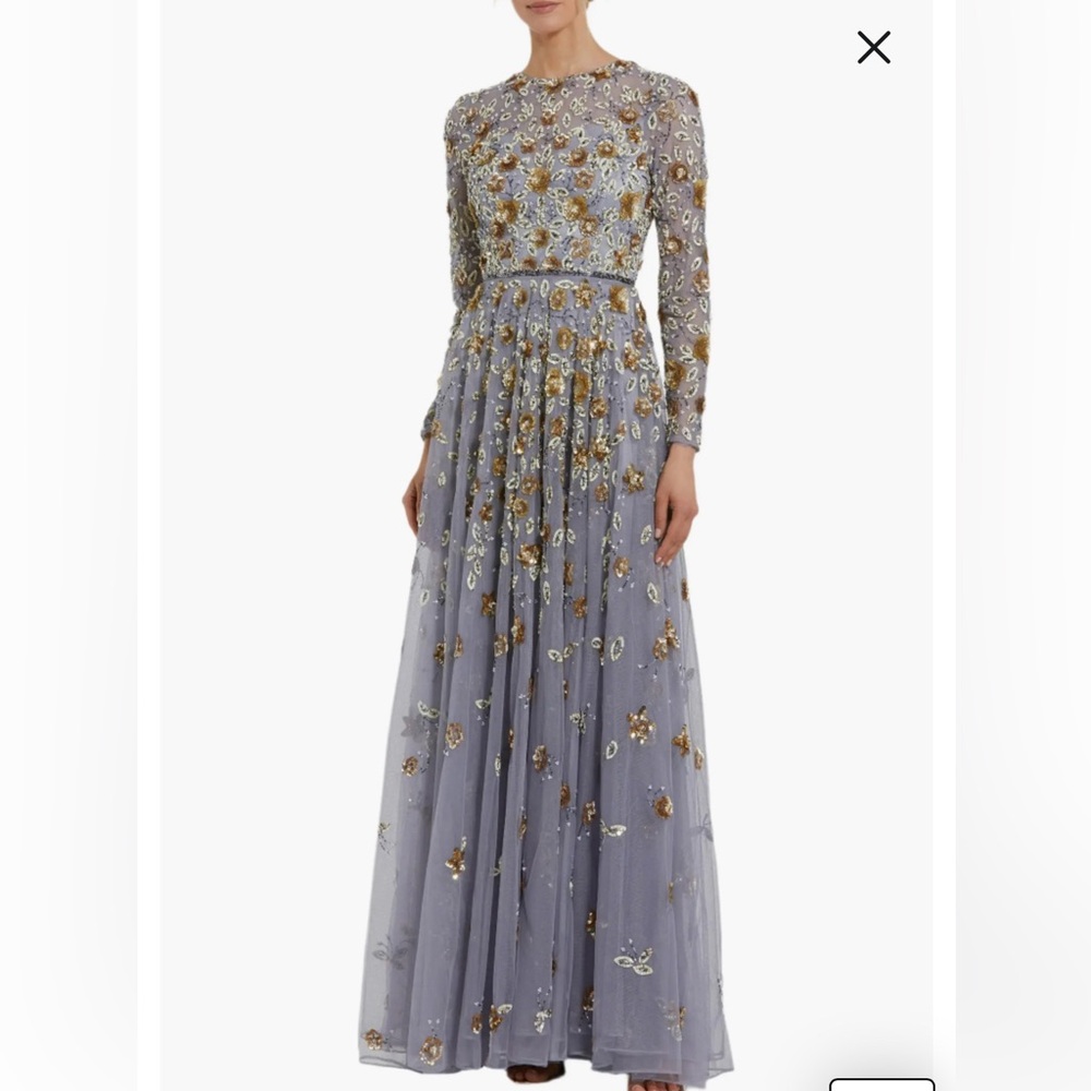 Mac Duggal Floral Beaded Crew Neck Long Sleeve Pleated Chiffon Gown